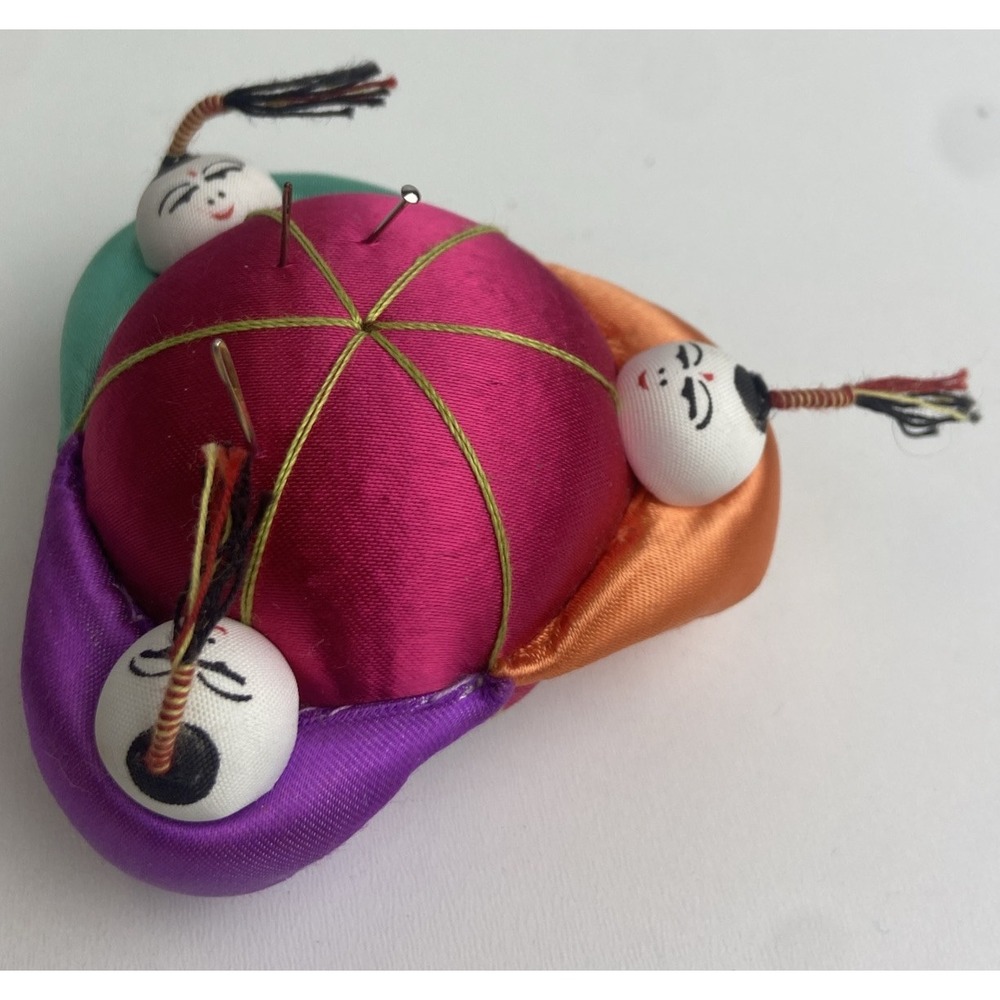 Vintage Chinese Satin Silk Pincushion Sewing 3 Person‎ Pin Holder 2.5" Wide